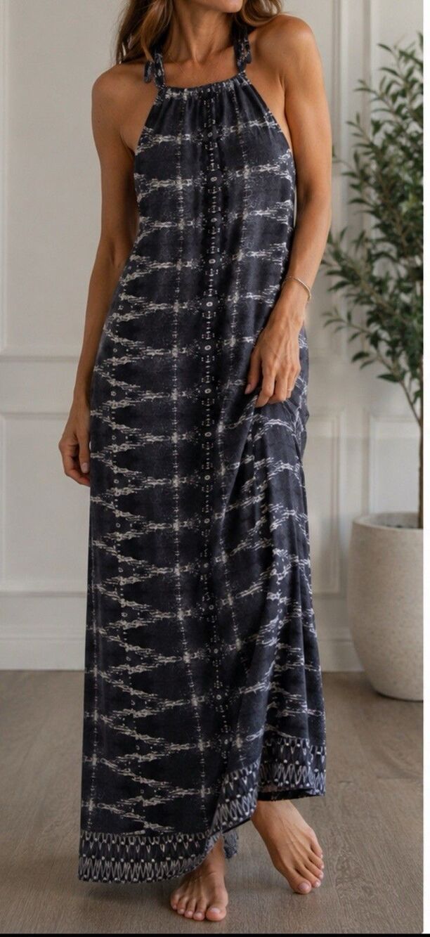 Athleta Santana Halter Maxi Dress SZ XS Gray Aztec Built-in Bra Boho Coastal EUC
